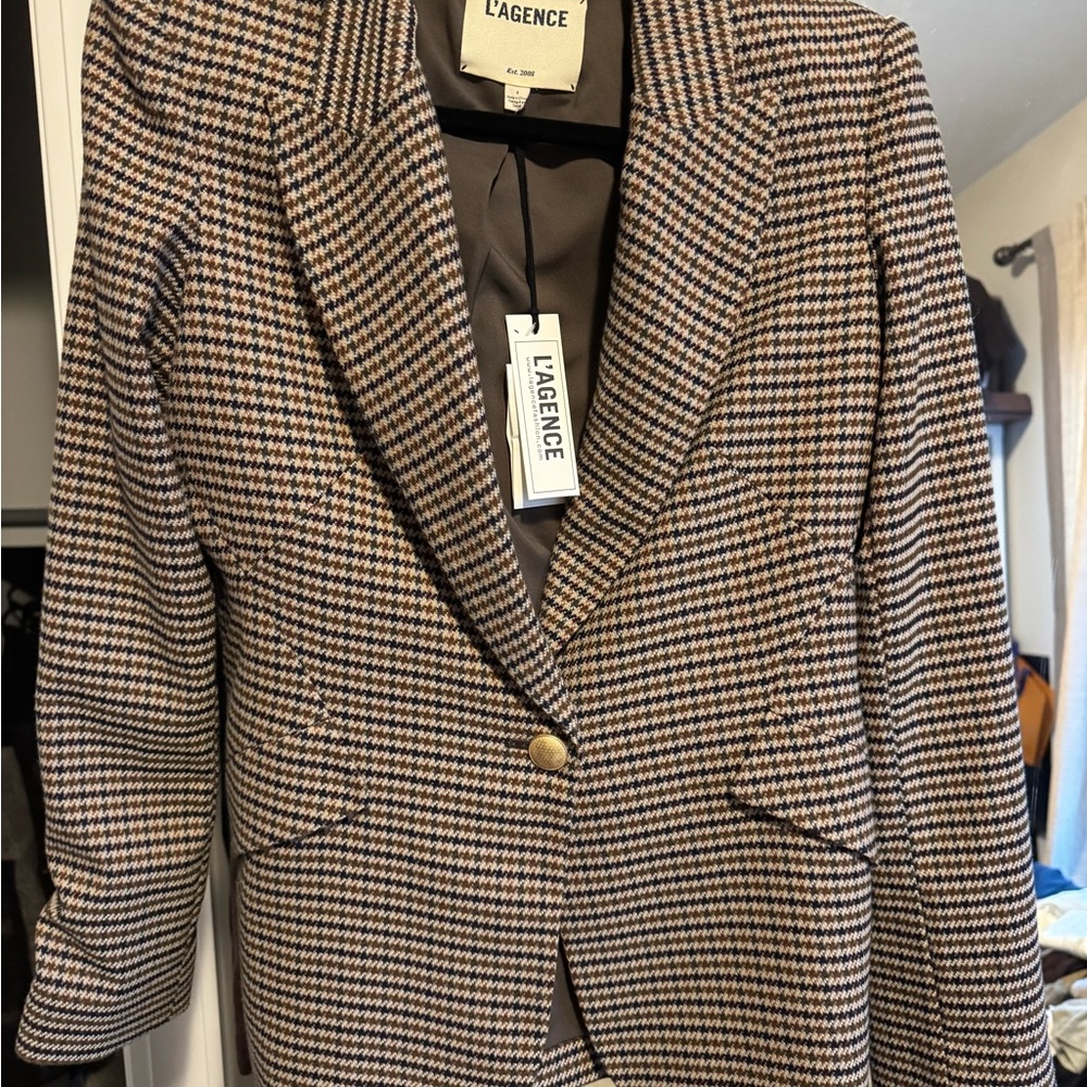 L'AGENCE Black and Brown Houndstooth Blazer